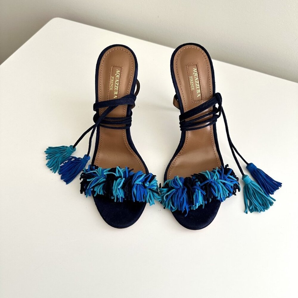 AQUAZZURA Wild Thing Multi Blue Suede Ankle Wrap Fringe Heels Sandals Size 38.5